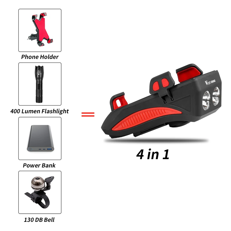 Clearance WEST BIKING Bike Light 2000mAh/4000mAh Battery Power Bank Phone Holder 130DB Speaker Bell 4 in 1 MTB Cycling Bicycle Lights 1 Clearance WEST BIKING Bike Light 2000mAh/4000mAh Battery Power Bank Phone Holder 130DB Speaker Bell 4 in 1 MTB Cycling Bicycle Lights 1