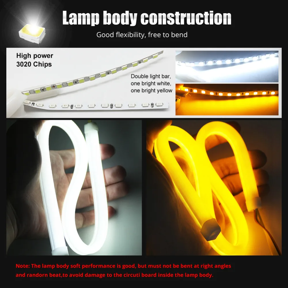 2X DRL дневные ходовые огни светодиодные полосы водонепроницаемый 45 см 60 см Гибкая мягкая трубка Руководство Белый вождения желтый сигнал поворота для автомобилей