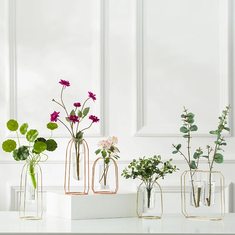 

Nordic Iron Art Tabletop Vase Glass Hydroponic Flower Pot Container Wall Hanging Tube Flower Vases Plant Vase Home Office Decor