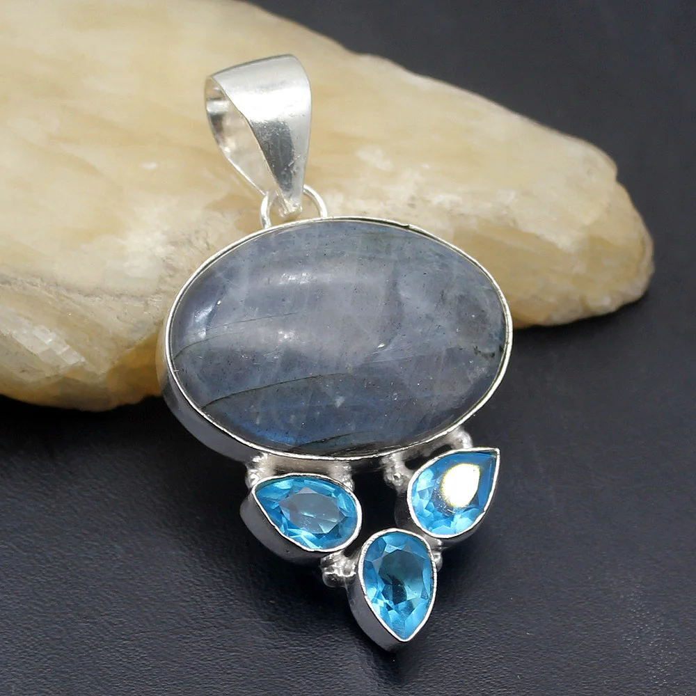 Hermosa великолепный Античный Черный Лабрадорит Topaz925 серебро ожерелье подвеска Подвески 2 1/8 дюйма NY1182