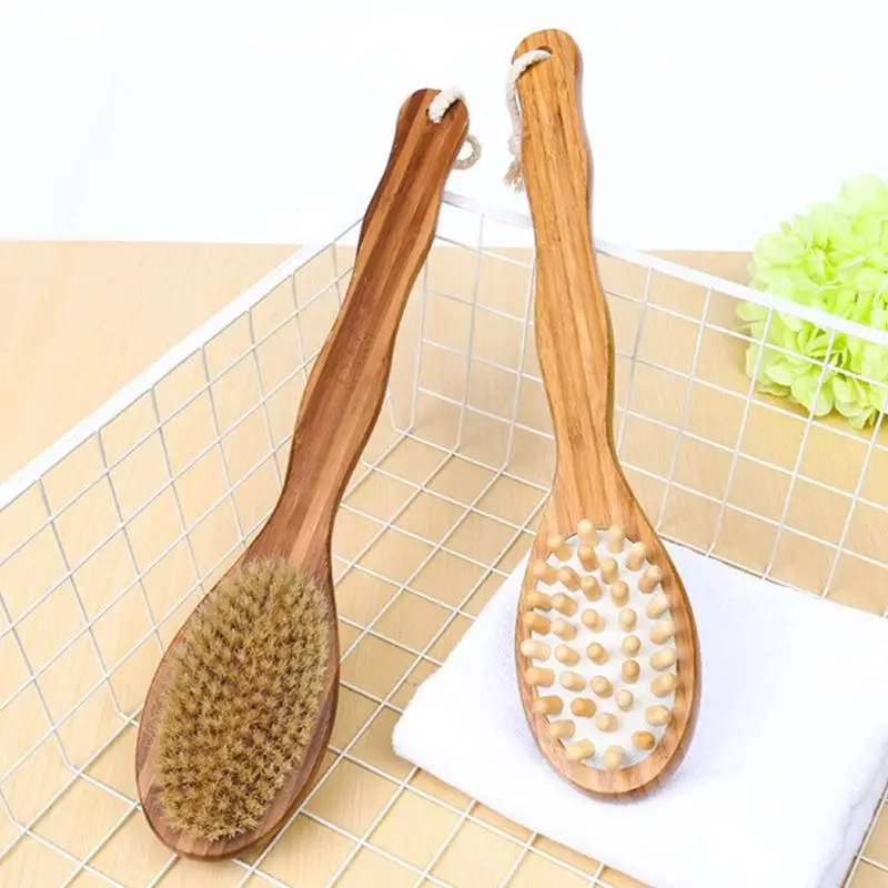 Body Brush Sided Natural Bristles Body Brush Scrubber Long Handle Wooden Spa Shower Brush Bath Massage Brushes