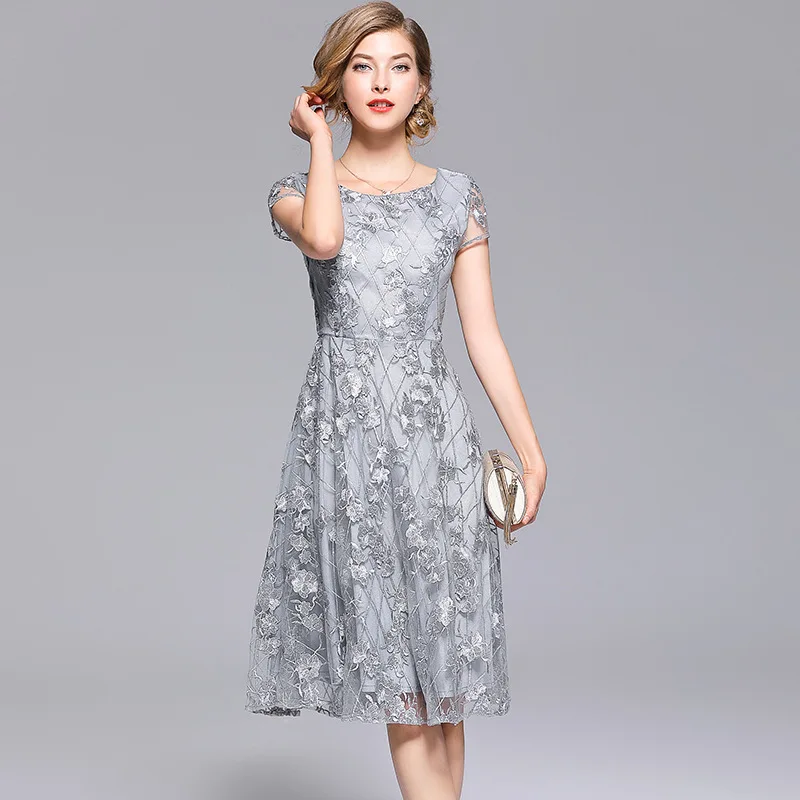 Summer Lace Mesh Embroidery Dress Chiffon Women O-Neck Short Sleeves A-Line Silver Vintage Long Party Elegant Dress Vestidos