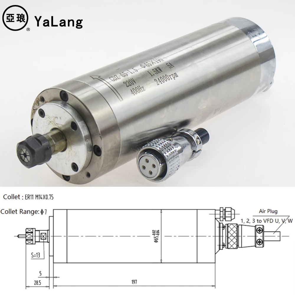 Деревообрабатывающий фрезерный станок с ЧПУ мотор шпинделя Φ65 1.5kw ER11 с водяным охлаждением мотор шпинделя 1500 Вт шпиндель для гравировки фрезерования 4 подшипника