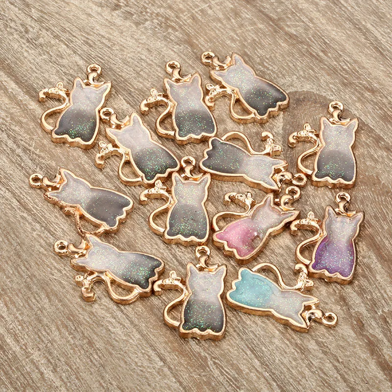 50PCS 12*25mm Cute Colorful Glitter Enamel Glitter Charm Pendant Cat