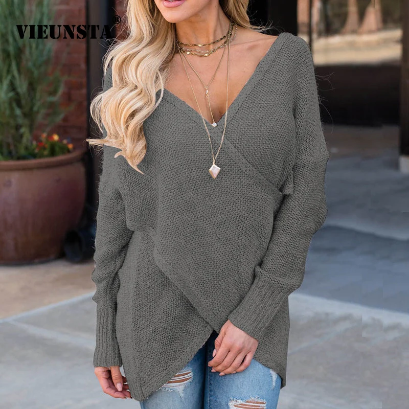

VIEUNSTA Sexy Deep V-neck Long Sleeve Sweater Loose Irregular Pullover Female Solid Knitted Tops Autumn Winter Casual Jumper XXL
