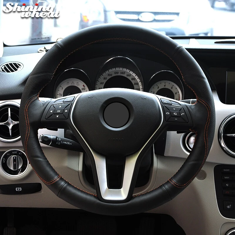 Shining Wheat Black Genuine Leather Car Steering Wheel Cover For