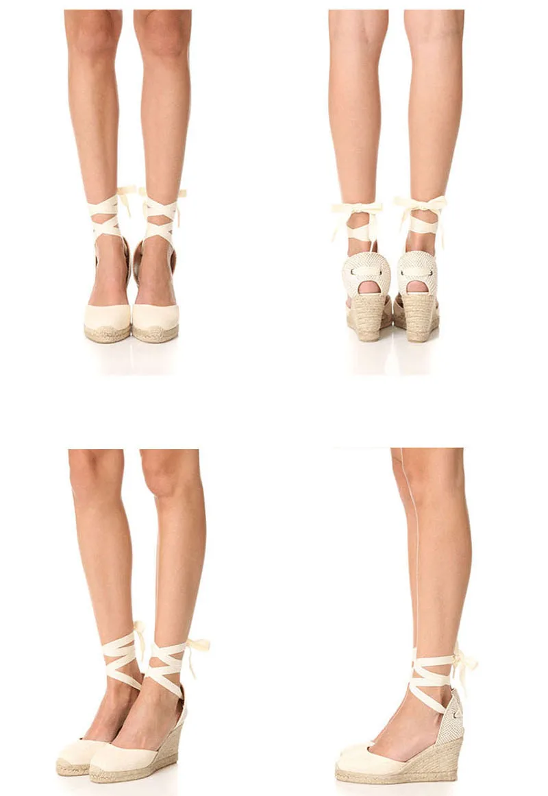 Women Ankle Strap Espadrilles Wedge Sandals 2018 Summer Canvas High Heel Fashion Lace up Women Platform Wedge Sandals Large Size (9) - 