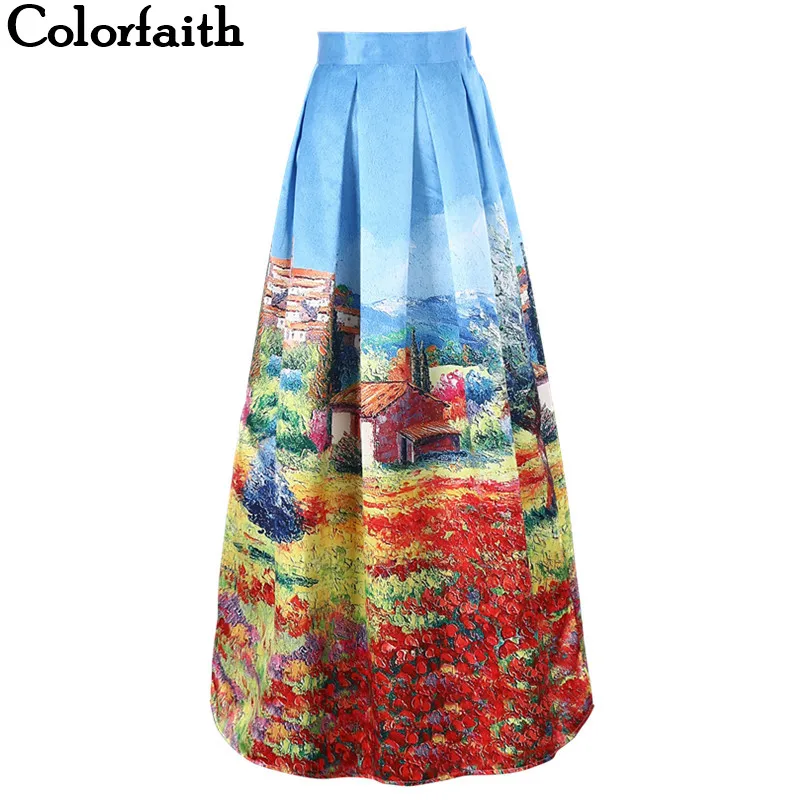 Colorfaith 2017 атласные женские 100 см расклешенные макси юбки ретро деревенская