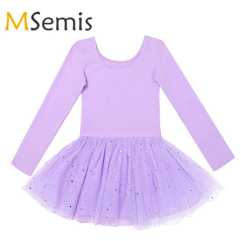 

MSemis Kids Girls Ballet Dress Gymnastics Swimsuit for Dancing Long Sleeves Shiny Mesh Ballet Clothing Gymnastics Leotard Dress
