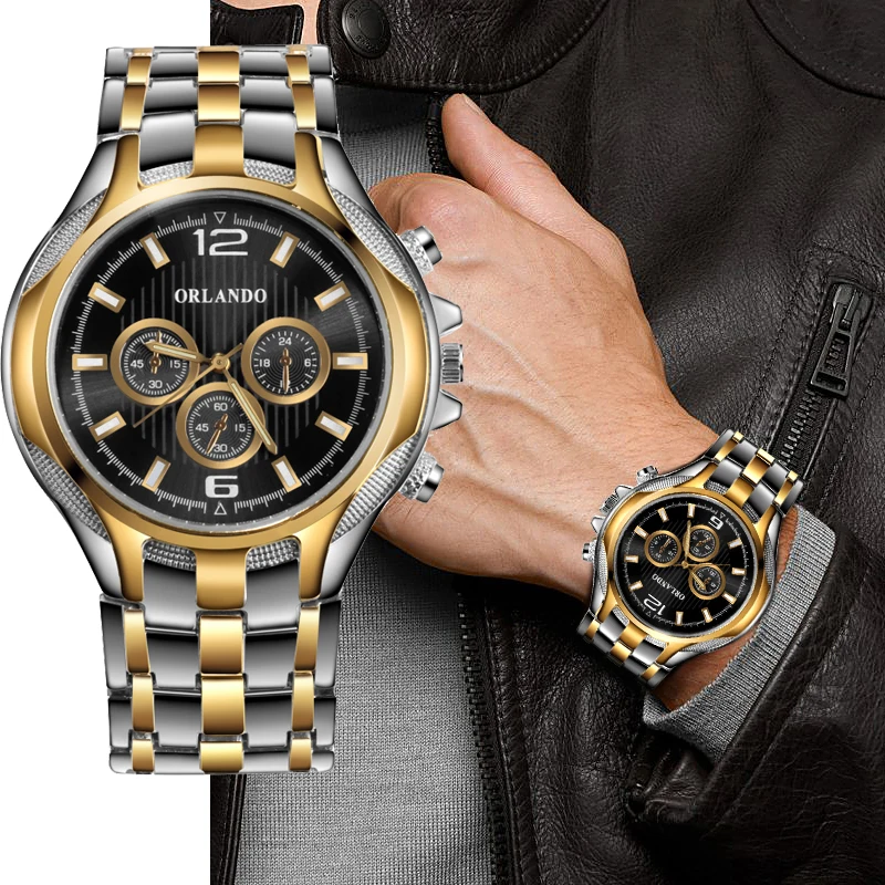 Высококачественные роскошные Брендовые мужские часы, Классические кварцевые наручные часы из нержавеющей стали темно-золотого цвета, мужские часы reloj hombre