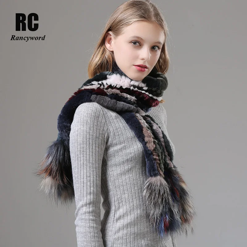 

[Rancyword] Women Scarf Shawls Knit Real Rex Rabbit Fur Scarves Shawls Female Natural Fur Scarf Winter Warm Scarf Long RC1386