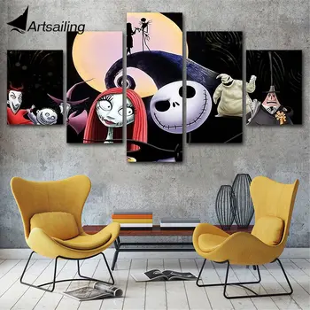 

Canvas Wall Art Ghost Anime Posters Nightmare before Christmas Terror Picture Painting 5 Piece Giclee Posters Prints Home Decor