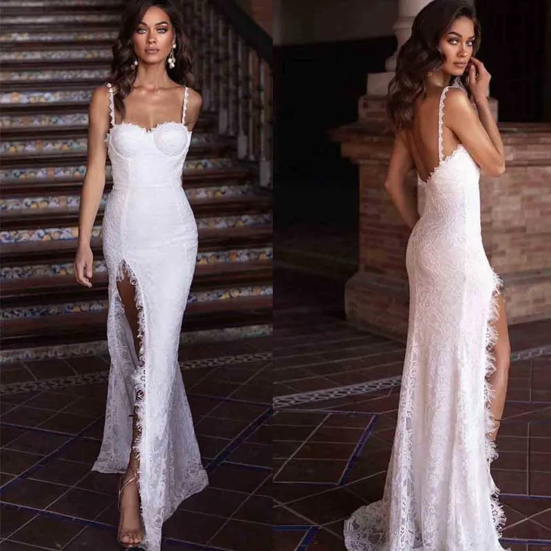 

Wholesale 2019 New woman's dress white Spaghetti Strap Lace Sexy celebrity Boutique cocktail party bandage long dress