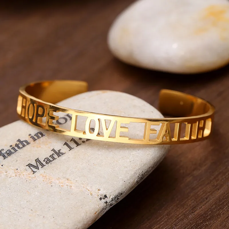 

Men Women Summer Stainless Steel Rose Gold HoLLow Out Letter HOPE LOVE FAITH Cuff Bracelet Bangle Jewelry