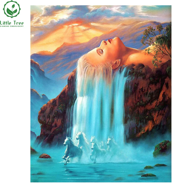 5D DIY Diamond Painting Blue Women Hair waterfall &amp Horse Rhinestone Mosaic Cross Stitch Kits Embroidery Home Decoration | Дом и сад