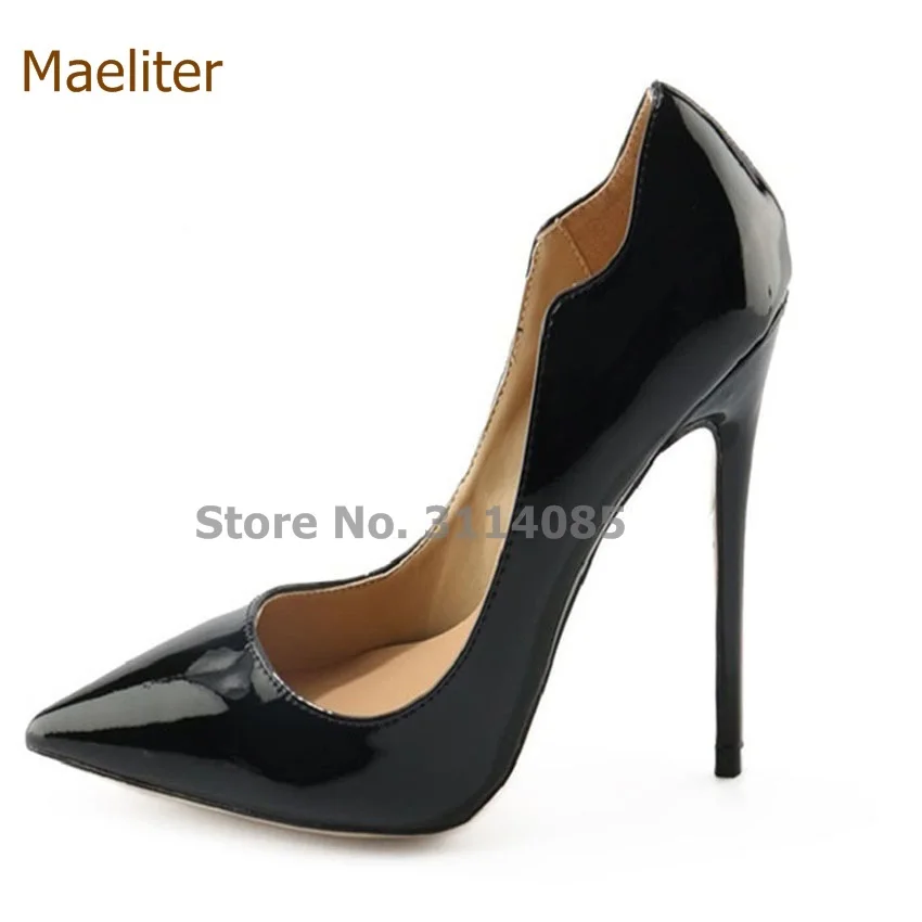 

Street Fashionable Black Patent Leather Women Pumps Unique Design Hot Selling Stiletto Heels Pointed Toe Special Cut Shoes