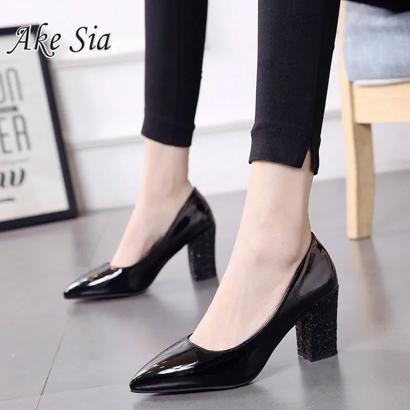 

2019 autumn new Low-heeled shoes with pointed female with coarse 7cm high heels black sequined shoes Sandalias femeninas s086