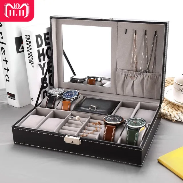 

2 In 1 8 Watch Box Grids+3 Mixed Grids PU Leather Watch Case Storage Organizer Box Luxury Jewelry Ring Display Watch Boxes Black