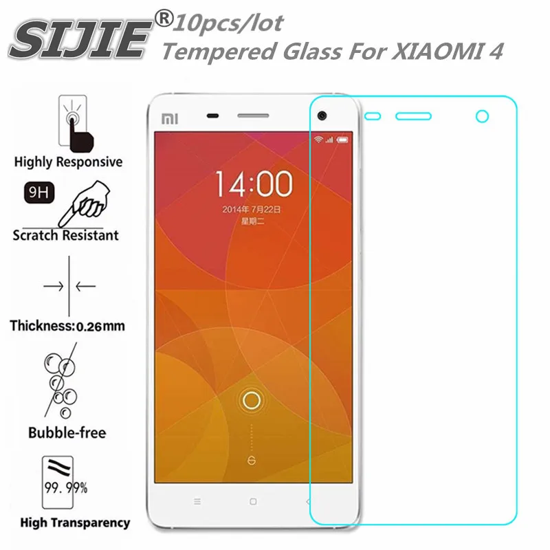 

SIJIE 10pcs Tempered Glass For XIAOMI 4 2.26mm MI4 MI 4 Screen Protector protective film anti scratch front stronger 9H thin lot