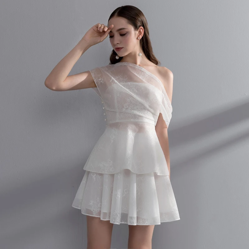 Max Spri, женская одежда, вечерние платья с открытыми плечами, Сетчатое мини-платье с оборками, белая одежда для вечеринки, летнее платье с жемчугом