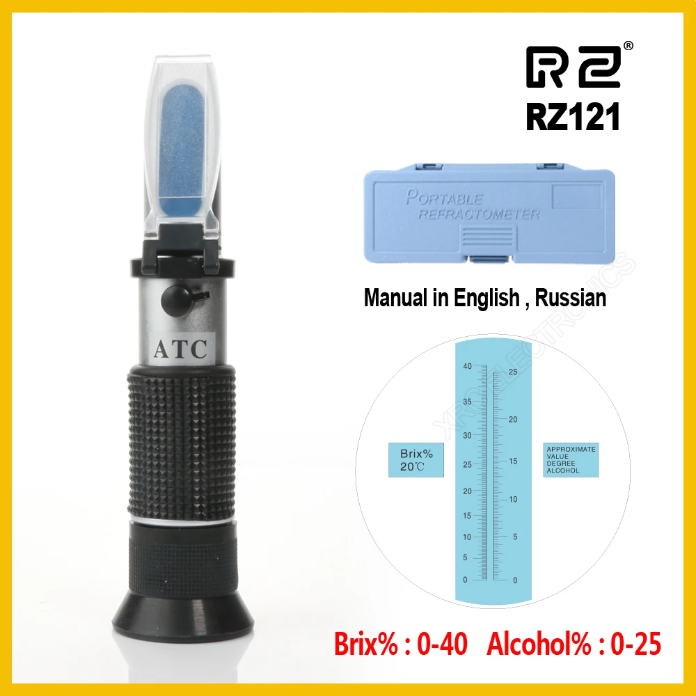 baratas RZ Álcool Refratômetro Açúcar da Uva para Vinho 0 ~ 25% Álcool Concentração RZ121 0 ~ 40% Brix Tester Medidor ATC Handheld ferramenta