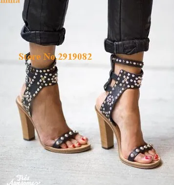

Top Selling Fashion Summer Med Heel/Flats Women Sandals Crystal Rivets Studs Ankle Strppy Black/Brown Shoes Woman