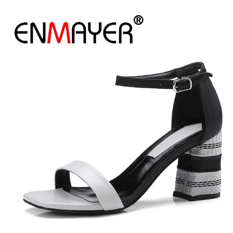 

ENMAYER 2018 Ankle Strap Heels Women Sandals Summer Shoes Women Round Toe Square Heels Party Dress Sandals Big Size 42 WHY28