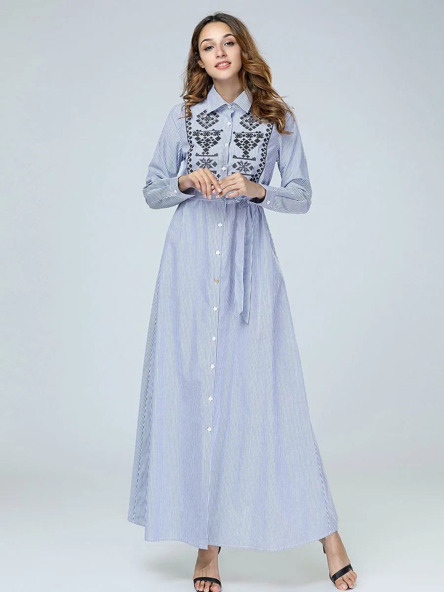 Bureau Dame Tendance Abaya Bleu Robe Broderie Printemps Formel Longue Robe Turquie Raye Slim Ramadan Prier Robe 7402 Aliexpress