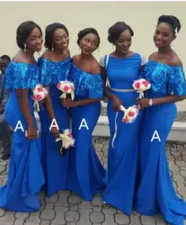 Замечательный синий Русалка африканские платья невесты Лодка шеи Off The Shoulder Sequin Атлас Длинные платья невесты Robe De Soiree
