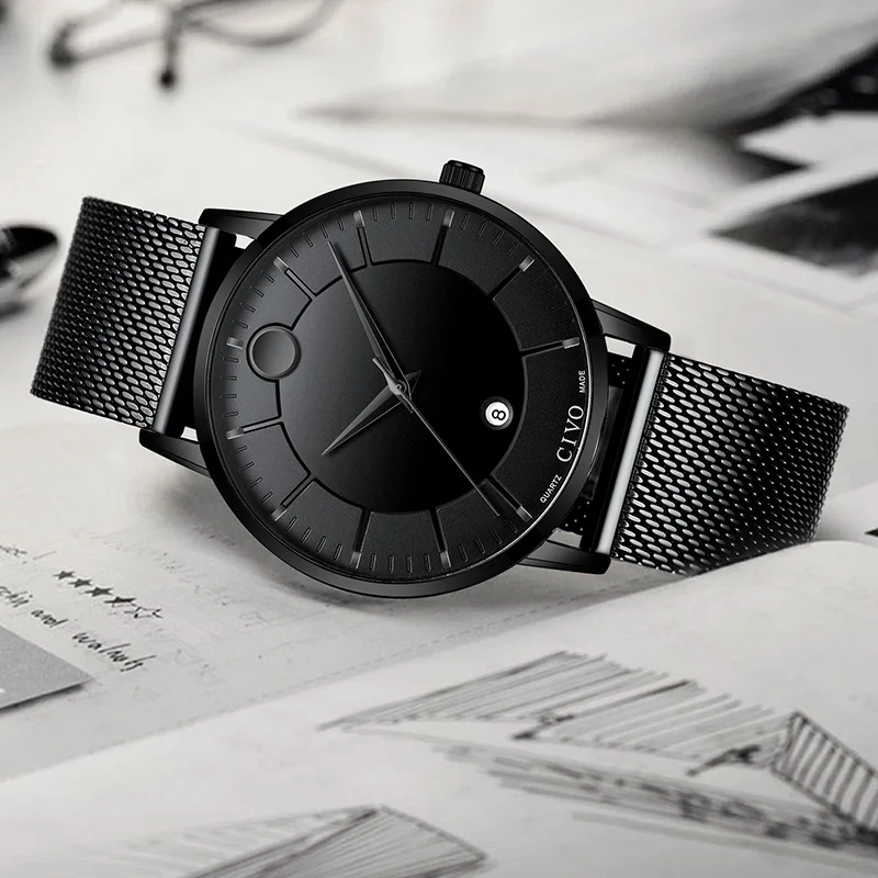 

CIVO Fashion Top Brand Waterproof Quartz Watch Black Leather Watch Men Simple Design Sports Watch Clock Relogio Masculino