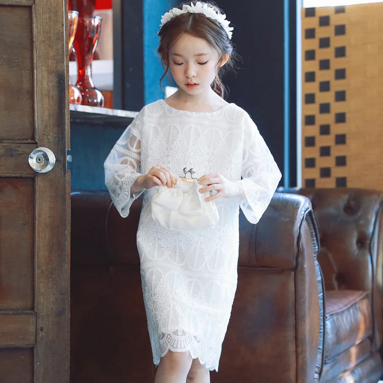 

Girls Dress 2018 Autumn Fashion White Lace Princess Party Performance Dress For Girls 4 5 6 8 10 12 14 Year Girls Kids Clothing