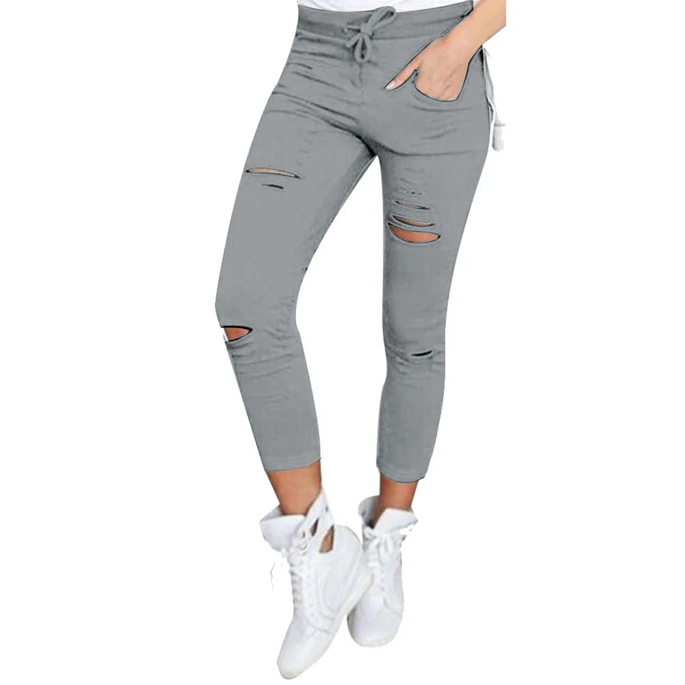 Женские брюки-карандаш с дырками, хлопок, длина по щиколотку, повседневные брюки, женские леггинсы с дырками, Стрейчевые черные рваные джинсы размера плюс - Цвет: gray