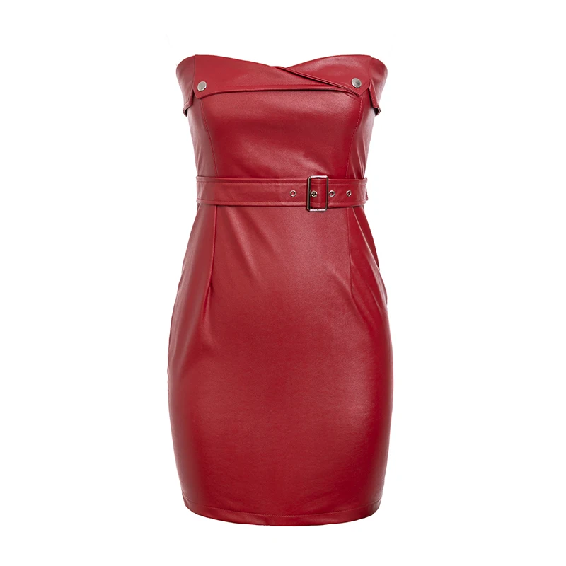 Glamaker, сексуальное женское платье из искусственной кожи с открытыми плечами, без бретелек, высокая талия, модное облегающее платье, элегантное женское платье для вечеринки, vestidos - Цвет: Красный