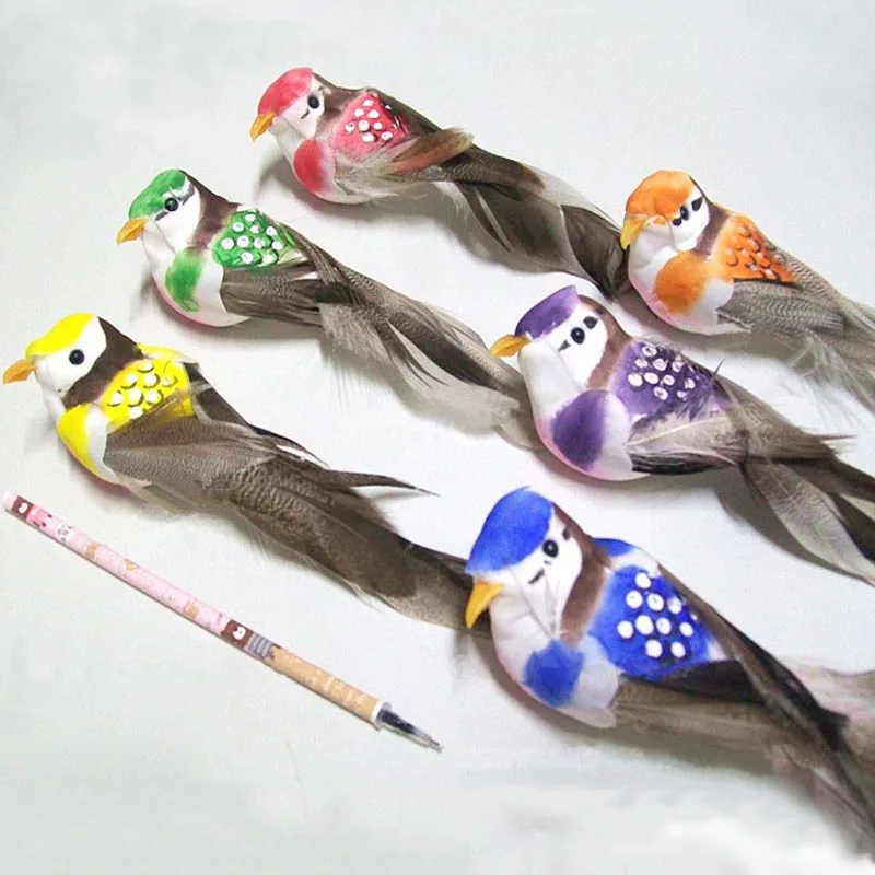 12PCS, 14 * 3.5CM pěna peří umělé malé barevné ptáky s magnetem na břiše, ptáci domácí ozdoby, vánoční výzdoba DIY