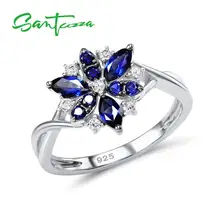 SANTUZZA, серебряные кольца для женщин, голубой цветок, кольцо, синий нано кубический цирконий, кольца из чистого 925 пробы серебра, вечерние ювелирные изделия