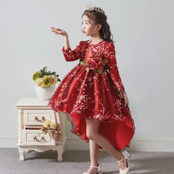 Костюмы со шлейфом, с цветочным рисунком, с бантом, красное платье для девочек, ручная работа, с цветами, для свадебного торжества, элегантные вечерние платья-пачки принцессы, детское платье, K1-2153