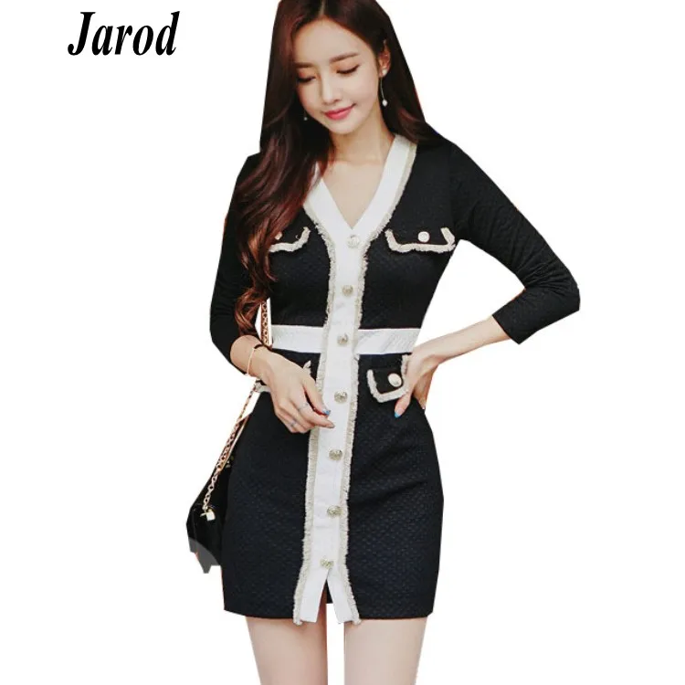 

New fashion 2019 Spring Women Single-Breasted Tassel Tweed Patchwork Sexy V Neck Dress Bodycon Pencil Mini Dress Vestidos