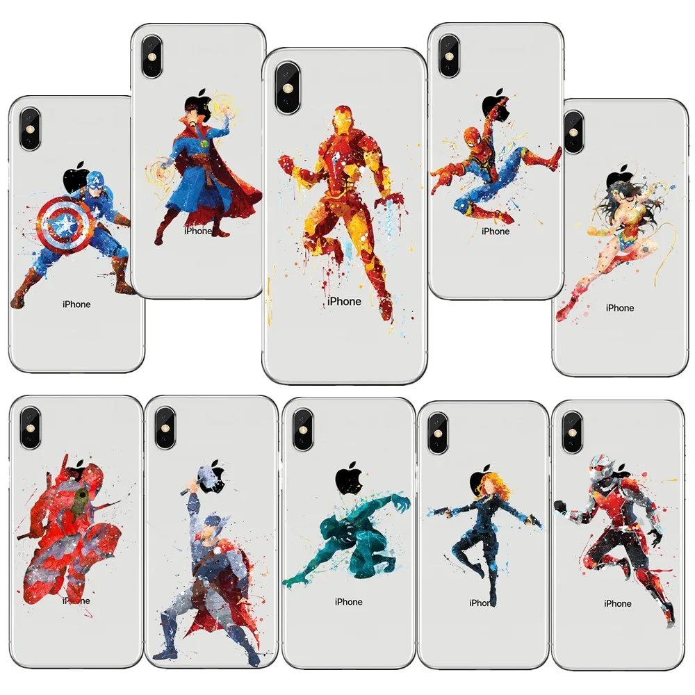 Watercolor Art spider-man Iron man Deadpool Silicone Phone Cases For Coque iPhone X 10 8 7 6 6S Plus SE 5S Avengers series Cover |