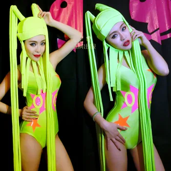 

New Female Club Stage Show Fluorescent Yellow Green Costume Funny Women Halloween Bugs Fancy Wear Bodysuit + Cap Suits Clothing