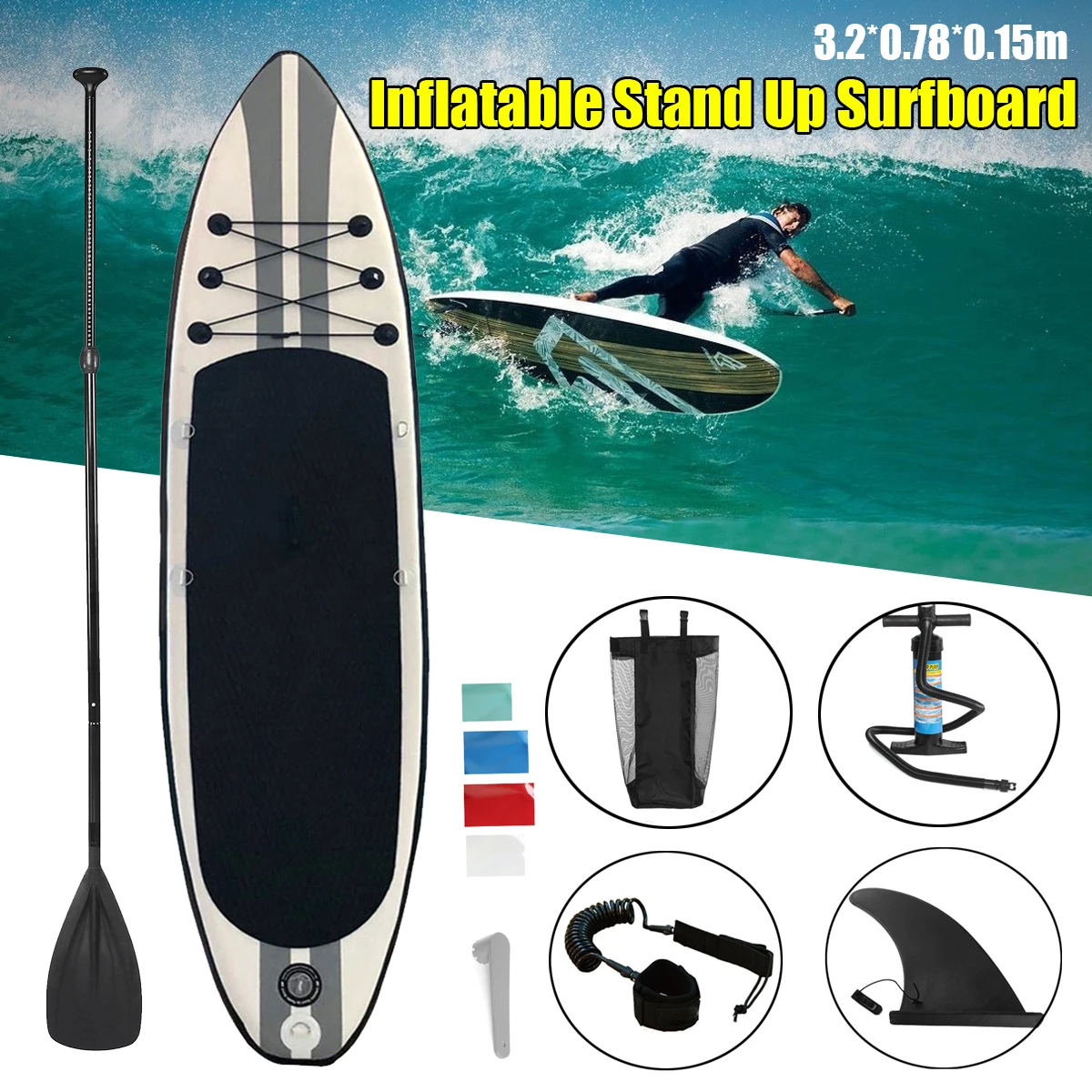 SGODDE نفخ مجداف وقوف ركوب الأمواج لوح التزلج المياه الرياضة لوح تزلج على الماء مع مجداف مضخة القدم حبل إنقاذ 320x78x15 سنتيمتر