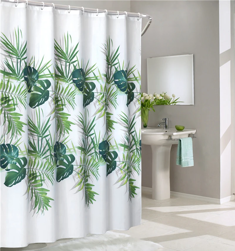 

Tropical Leaves Bamboo Shower Curtain Fabric Bathroom Curtains with Hooks Waterproof Green