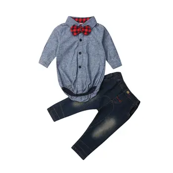 

3-24 Months Baby Boys Gentleman Suit 2pc Long Sleeve Tops+Denim Pants Jeans Kids Clothes Set