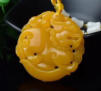 

Koraba Fine Jewelry Chinese Beautiful Natural Yellow Jade Hand-Carved Kirin Luck Amulet Pendant Free Shipping