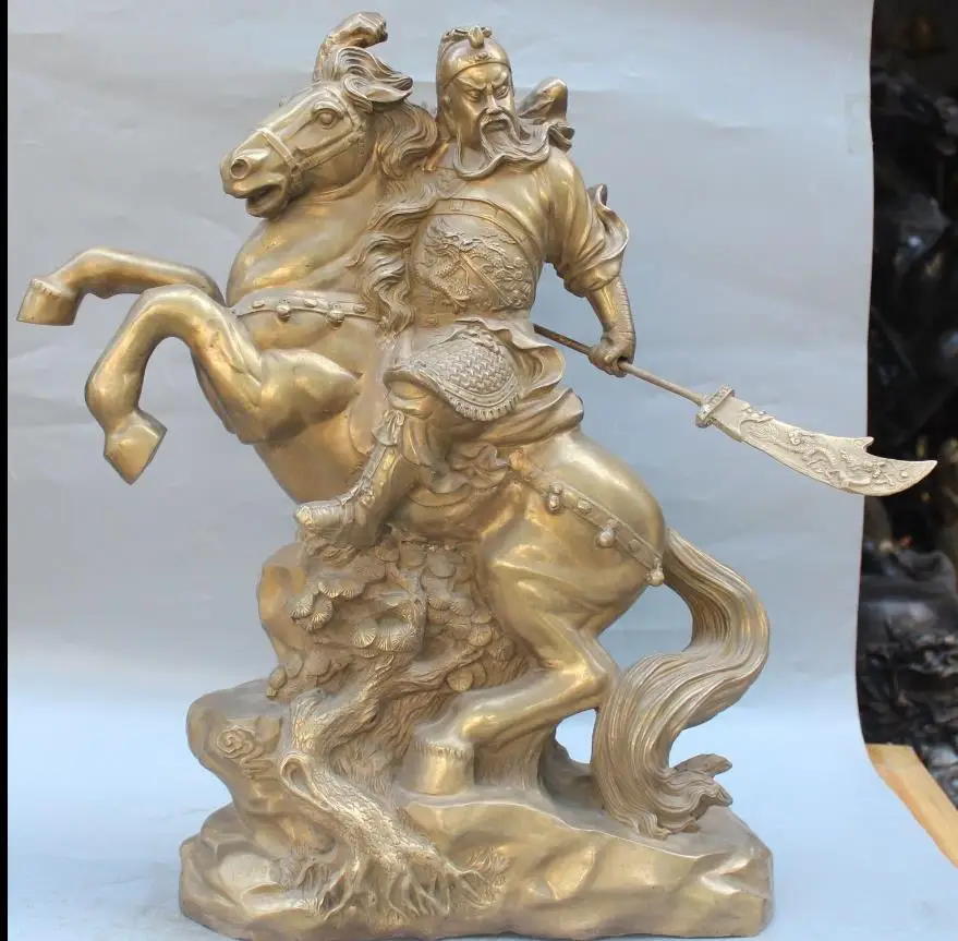 

671116602+++22" Chinese Brass Guan Gong Yu Warrior God Dragon Ride Horse Hold Knife Statue