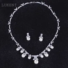 LUKENI Luxurious Europe Style White Color AAA Zircon Geometric flowers Simulated pearl Earrings And Chain Necklaces Wedding Jewe