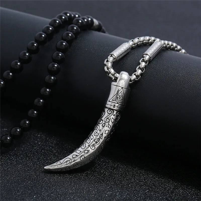 

Stainless Steel Viking Age Style Damascus Steel Bear's/Wolf's Tooth Triangle Eye Pendant Necklace Black Agate Stone Necklace