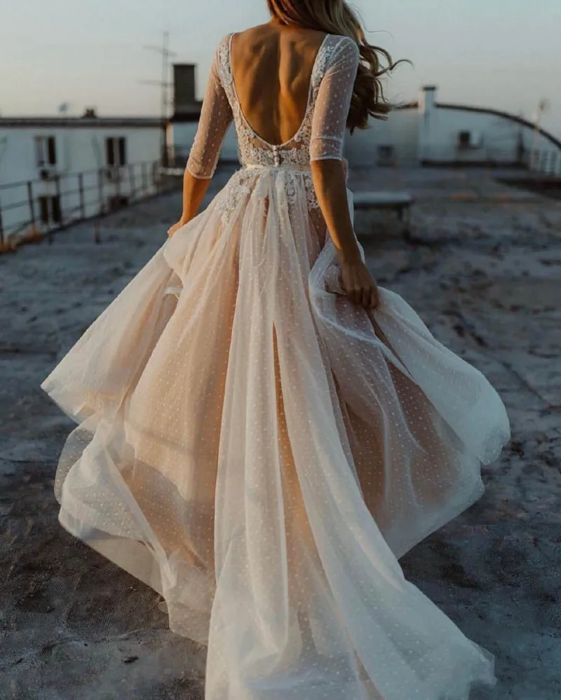 Бежевый Vestido de Noiva/, винтажное кружевное свадебное платье трапециевидной формы цвета шампанского, эффектное с открытой спинкой и аппликацией, полурукав, бохо, свадебное платье - Цвет: Бежевый