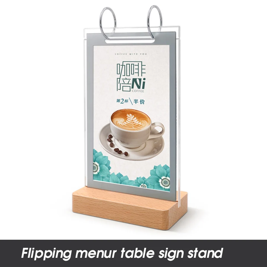 100*150mm Acrylic Double-sided Flip Wooden Base Table Card Sign Holder Display Stand Frame Restaurant Menu Paper Price List A6 v shaped acryliccard triangle bable conference double sided transparent guest card table sign tabletop seat