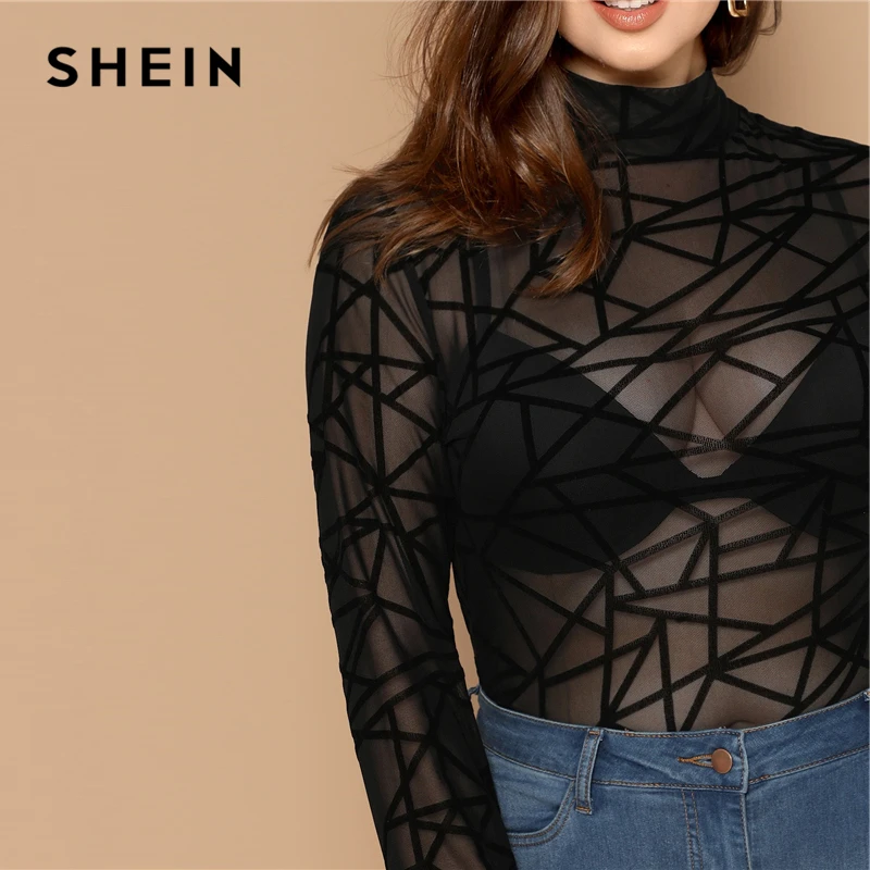 SHEIN Сексуальный Прозрачный Топ С Длинным Рукавом Облегающая Блузка Без Бра