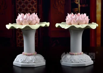 

Rare China dehua Porcelain Carving Lotus Flower Candle Stick Oil Lamp Statue a pair